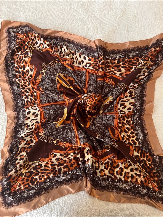 Accessories - Silky Leopard & Equine Print Square Scarf in Brown & Copper